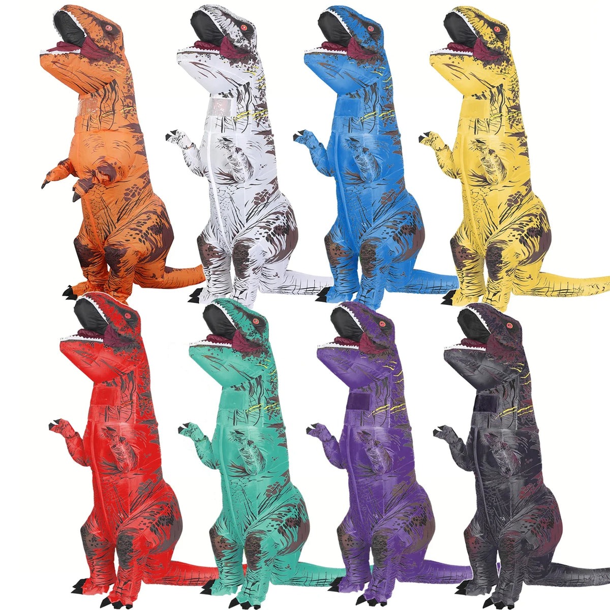 A collection of inflatable T-Rex costumes in various colors including orange, white, blue, yellow, green, purple, and black.