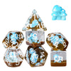 A set of polyhedral dice shaped like mushrooms in various colors and sizes for tabletop role-playing games