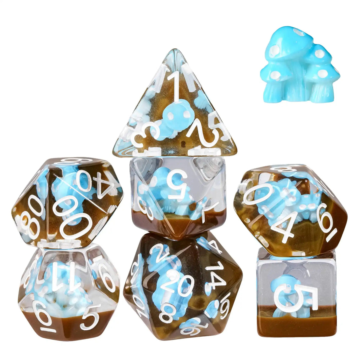 A set of polyhedral dice shaped like mushrooms in various colors and sizes for tabletop role-playing games