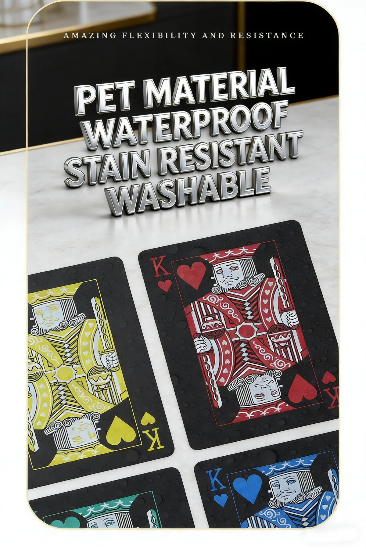 A set of waterproof plastic playing cards featuring various poker designs and suits.