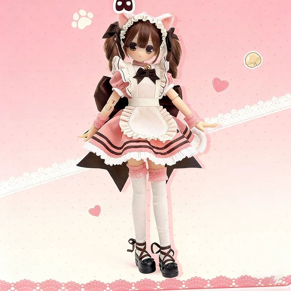A female Ball-Jointed Doll dressed in a pink and white outfit with a frilly skirt and boots, displayed against a pink backgro