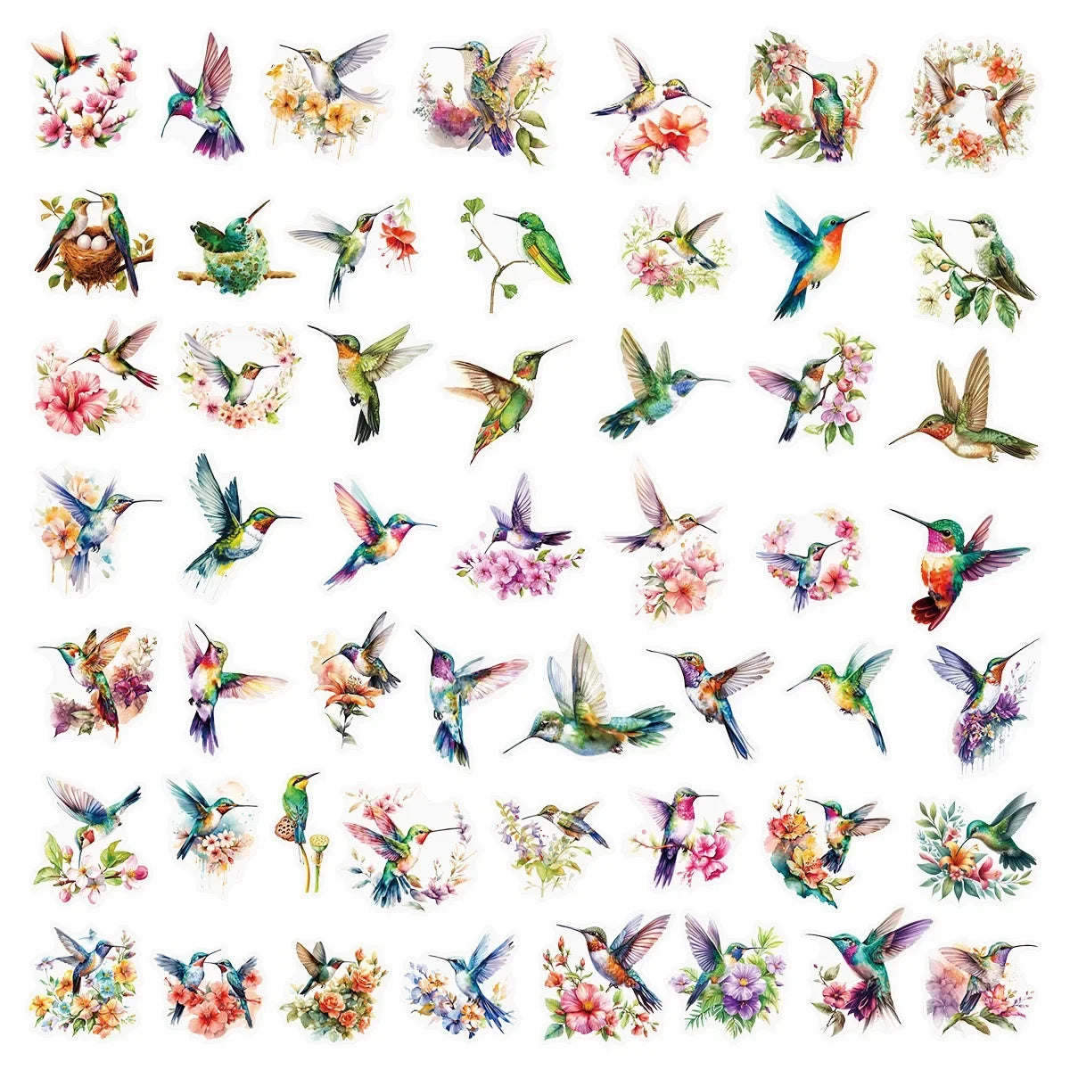 A collection of colorful hummingbird and flower decorative stickers.