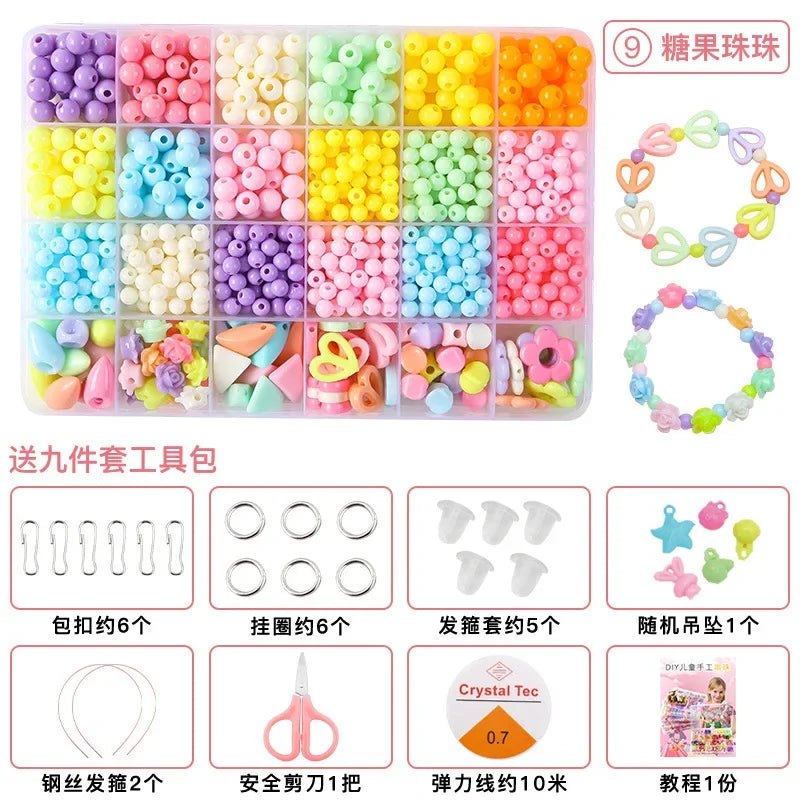 A colorful polymer clay bead jewelry making kit with various colored beads and tools for kids