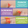 Illustration showing three steps for cardboard construction: Punch, Screwing, and Connect.