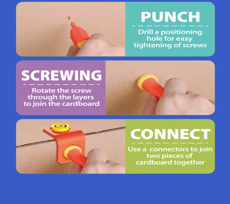 Illustration showing three steps for cardboard construction: Punch, Screwing, and Connect.