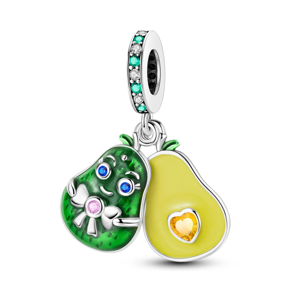 A silver fruit charm bead set featuring an avocado and a pear shape, adorned with clear and blue stones.
