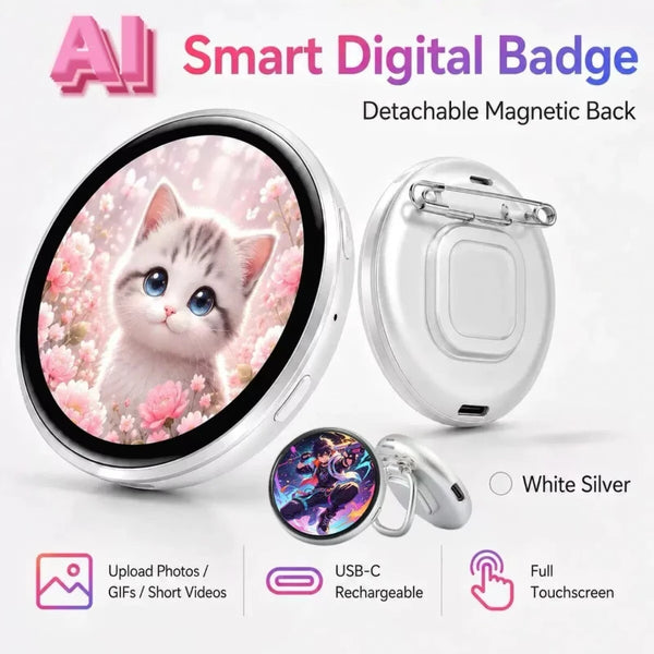 A white silver smart digital badge featuring a cat design and a detachable magnetic back.