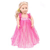 A blonde doll wearing a pink lace dress and coat outfit.