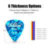 A set of six guitar picks in various thicknesses, ranging from 0.46mm to 1.50mm.