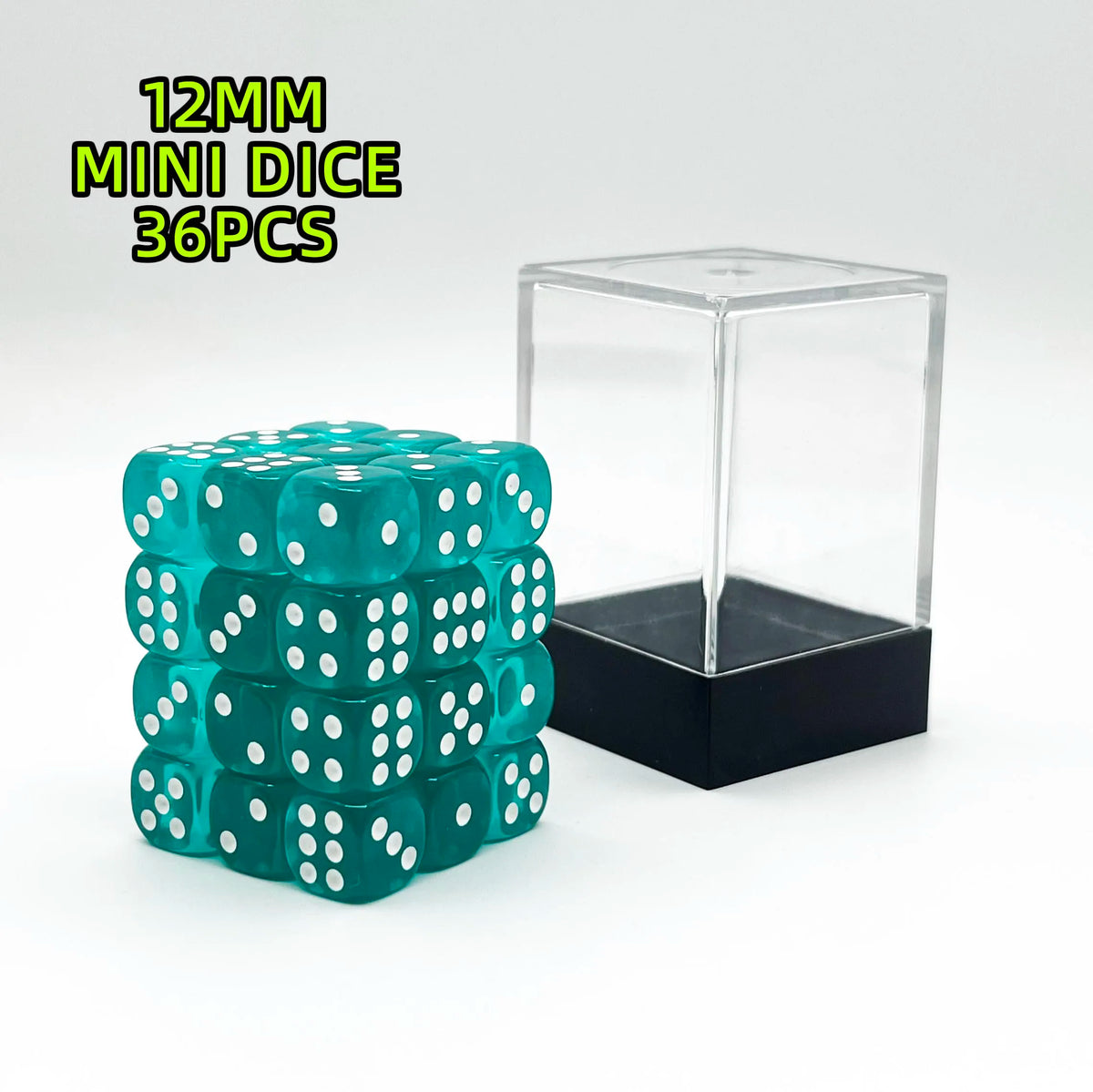 A set of 36 mini dice in various colors displayed inside a clear acrylic box.