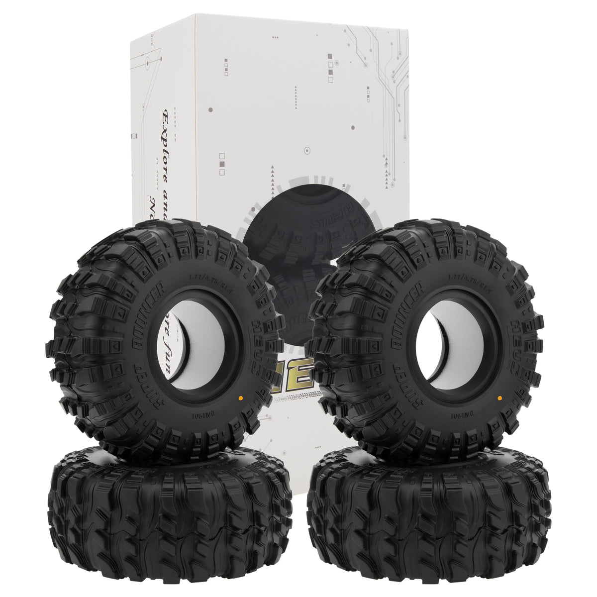 A set of black Super Bouncer 1.9 crawler tires for a 1/10 RC rock crawler, displayed next to its packaging box.