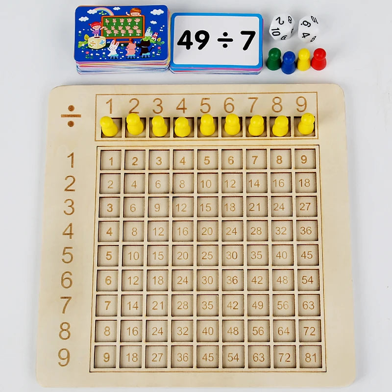A wooden Montessori multiplication board game showing a grid of multiplication facts and a separate dice set.