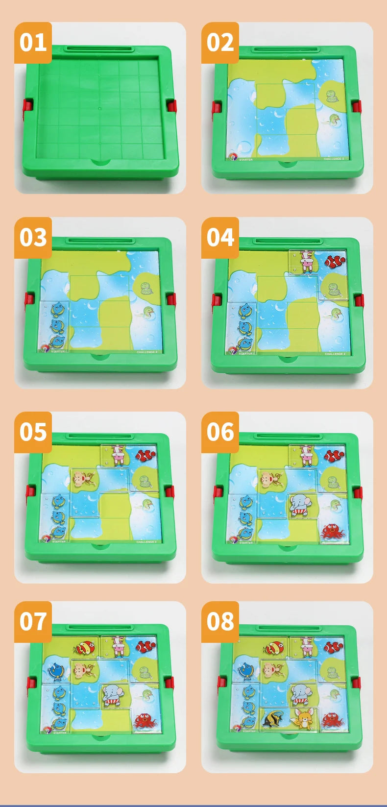 Eight variations of an animal park slide puzzle game featuring colorful tiles and a green frame.