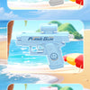 A white prank gun toy is shown in a horizontal view against a beach background with colorful plastic items.