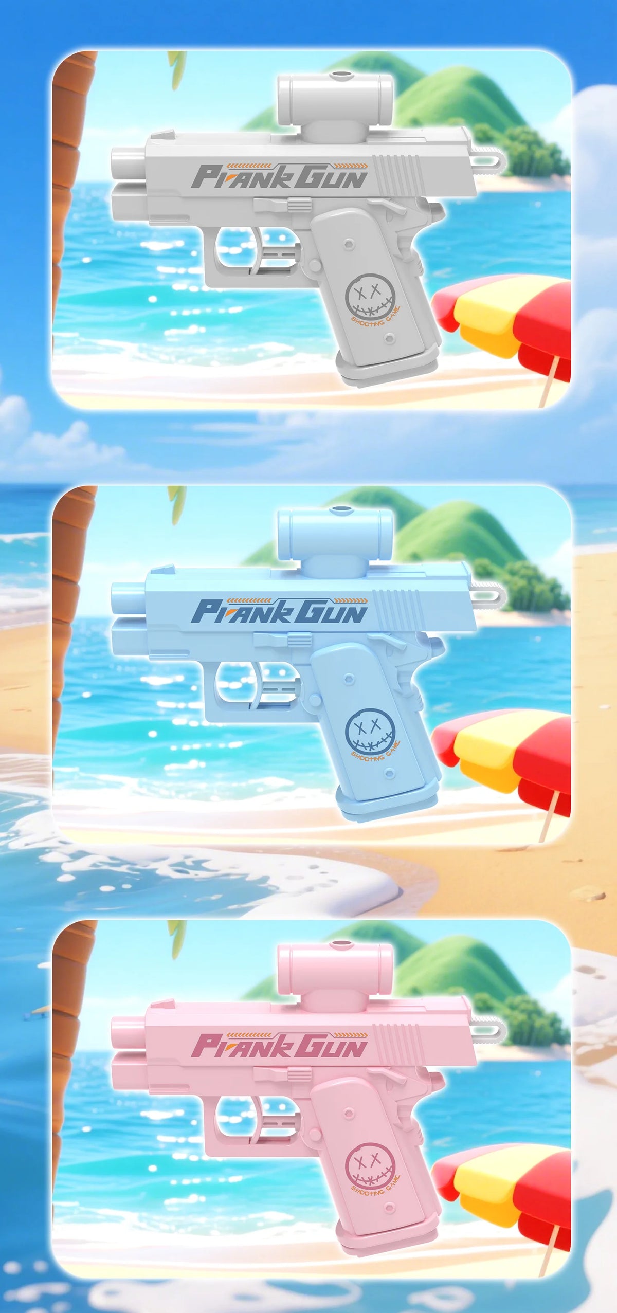 A white prank gun toy is shown in a horizontal view against a beach background with colorful plastic items.