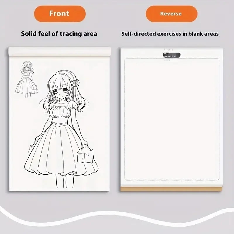 A set of two pages from an anime character line art drawing book showing a front tracing page and a blank reverse practice pa