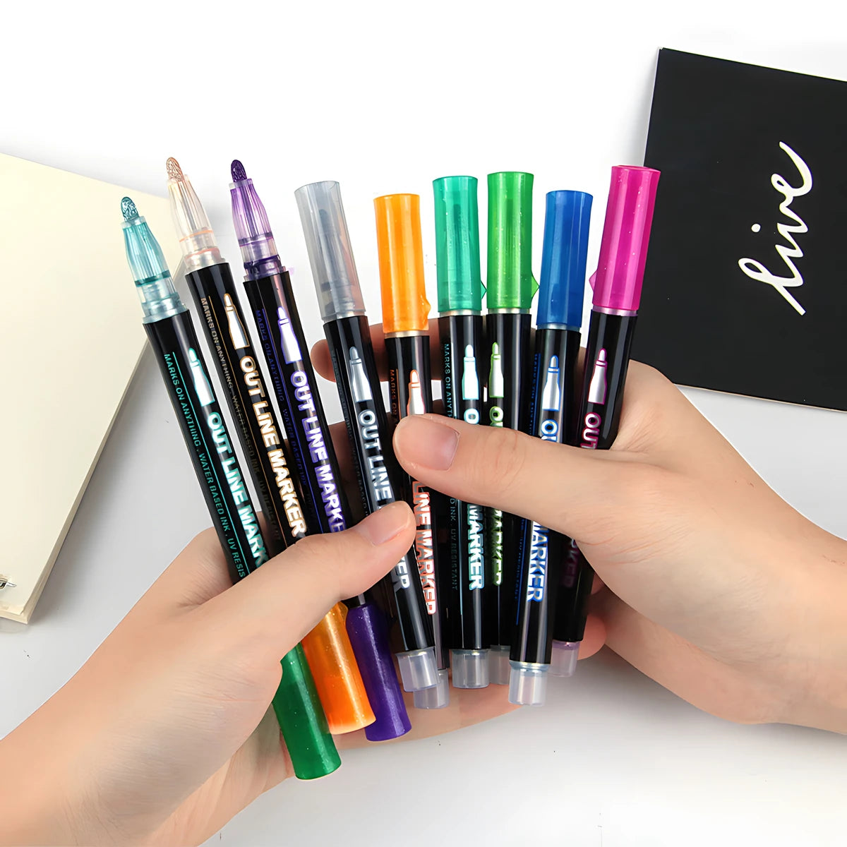 Double Line Glitter Marker Pens – Metallic Outline & Shimmer Set