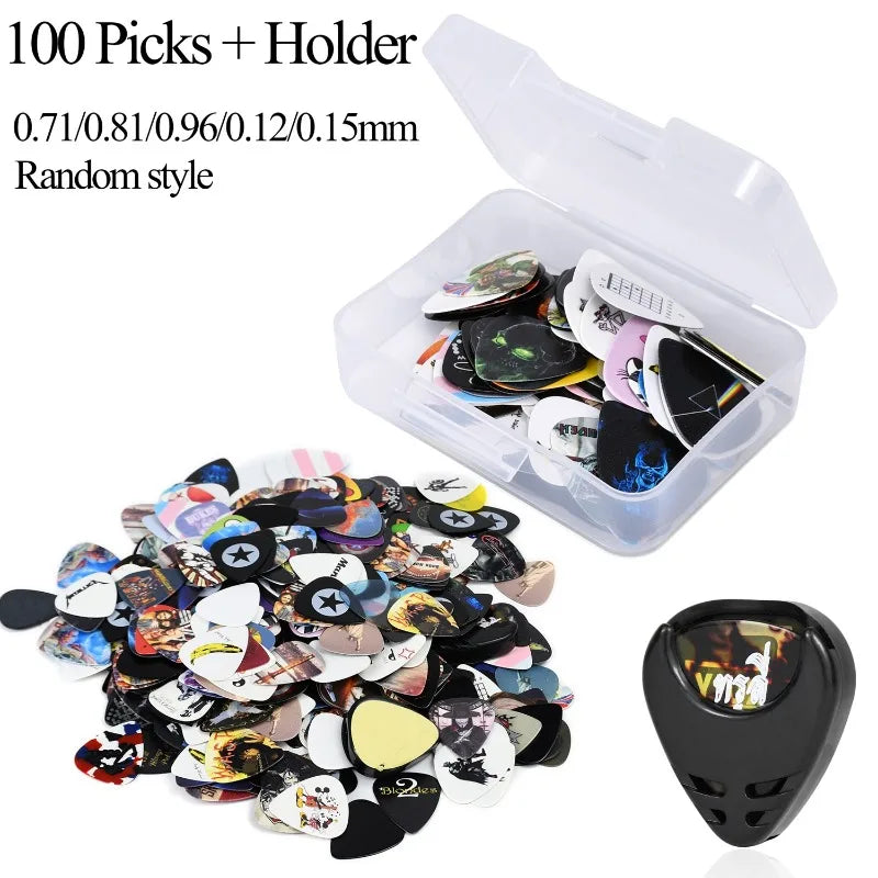 A clear plastic holder containing 100 guitar picks of various thicknesses and a leather pick holder.