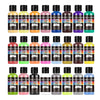 A collection of 24 bottles of acrylic paint in various colors including red, blue, green, and yellow.