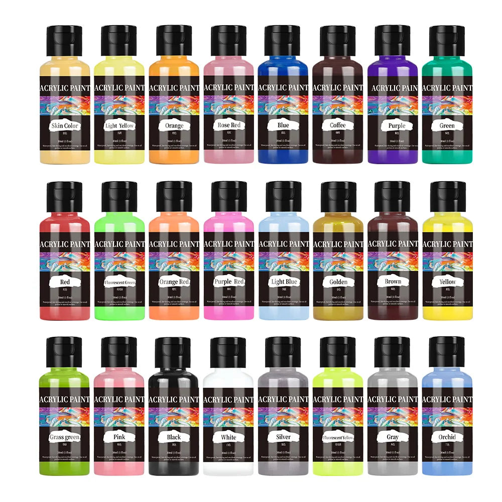 A collection of 24 bottles of acrylic paint in various colors including red, blue, green, and yellow.