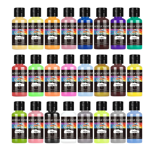 24 botellas de pintura acrílica en varios colores como rojo, azul, verde y amarillo.