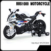 A white and black RRS1000 motorcycle die-cast model with front steering visible from the side.