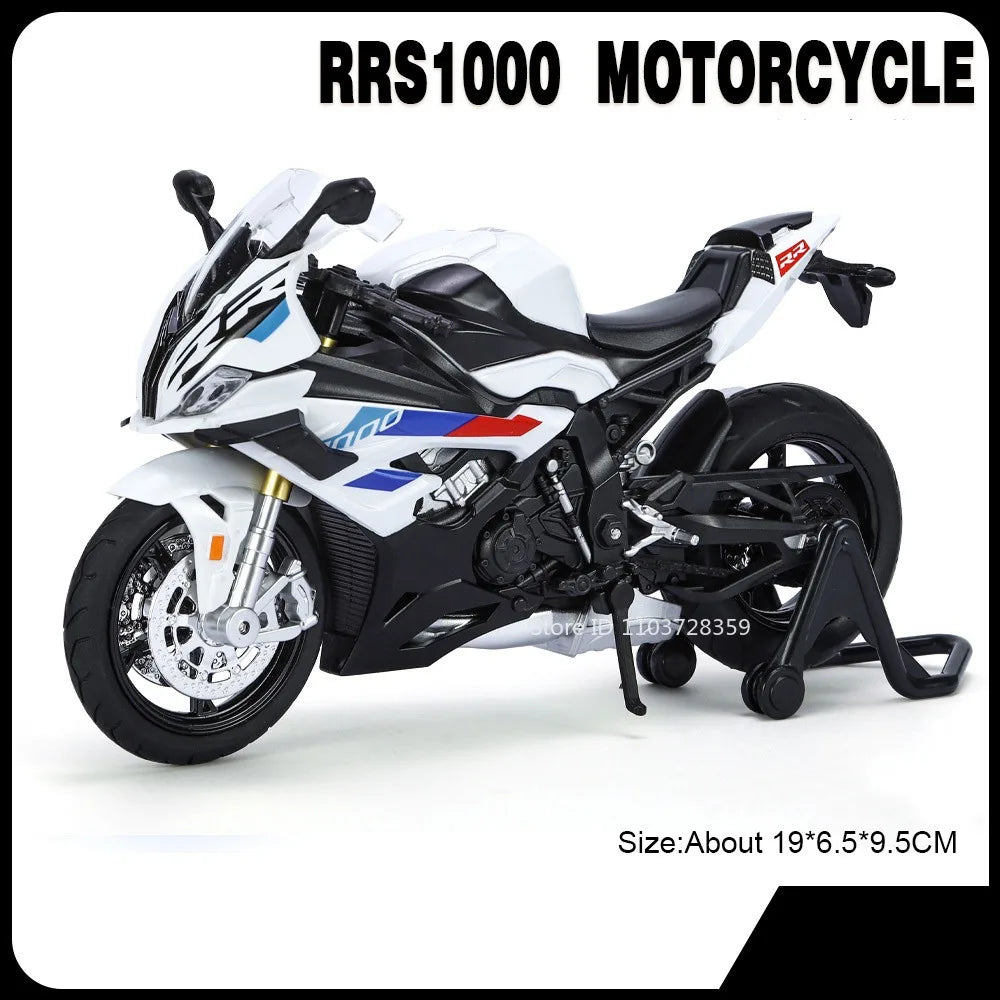 A white and black RRS1000 motorcycle die-cast model with front steering visible from the side.