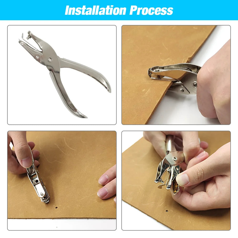 Installation process showing pliers and tools used to install a double cap rivet kit into leather.