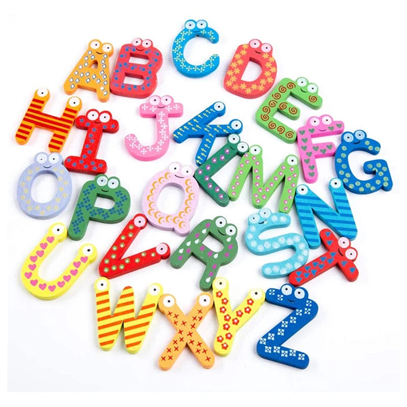 A collection of colorful wooden magnetic alphabet letters in uppercase and lowercase forms.