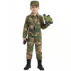 A young boy dressed in a camouflage army costume complete with accessories and a hat.
