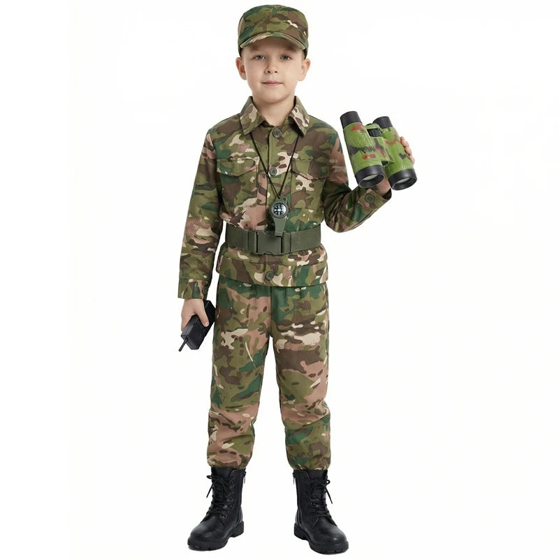 A young boy dressed in a camouflage army costume complete with accessories and a hat.