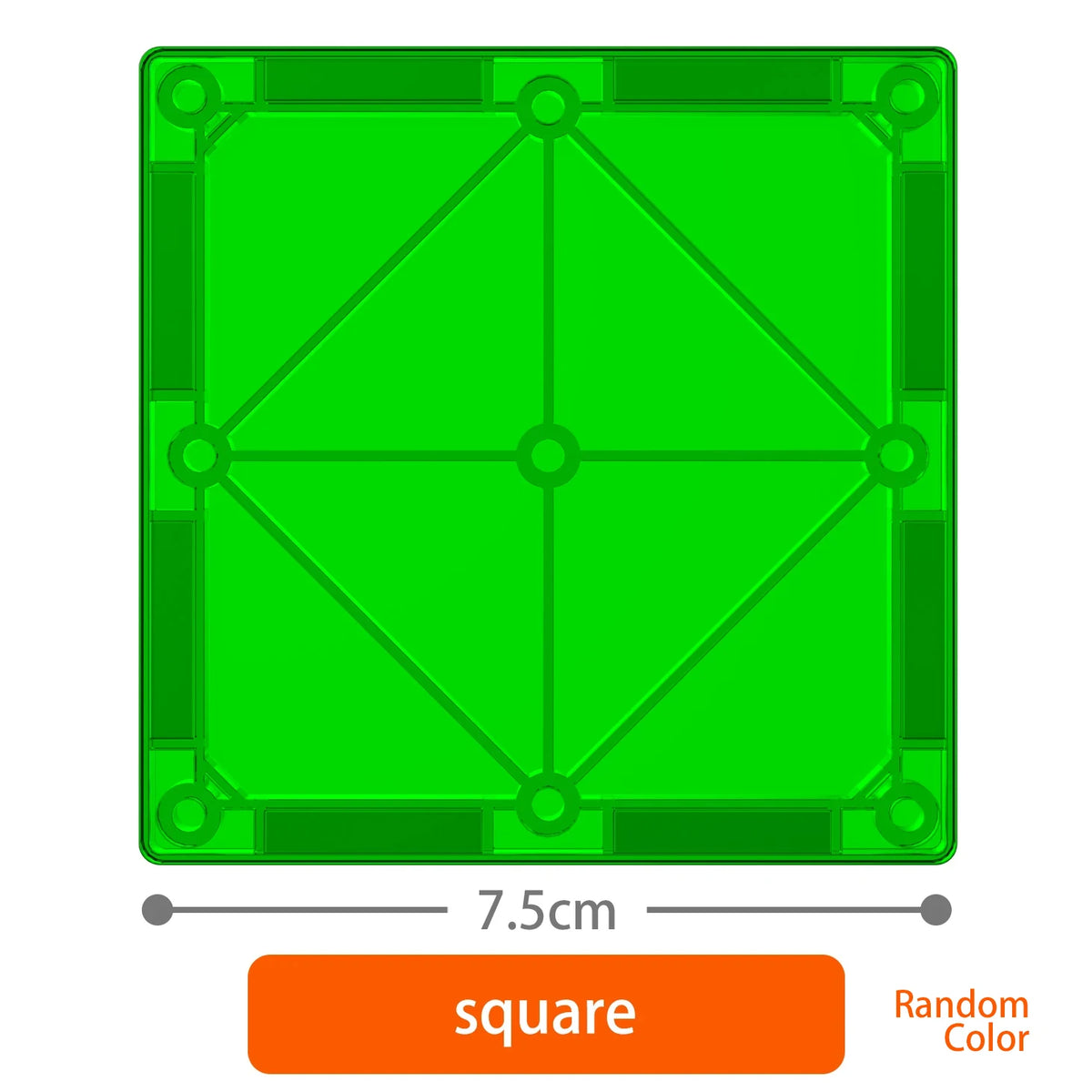 A green magnetic building block square with a grid pattern and a random color label.