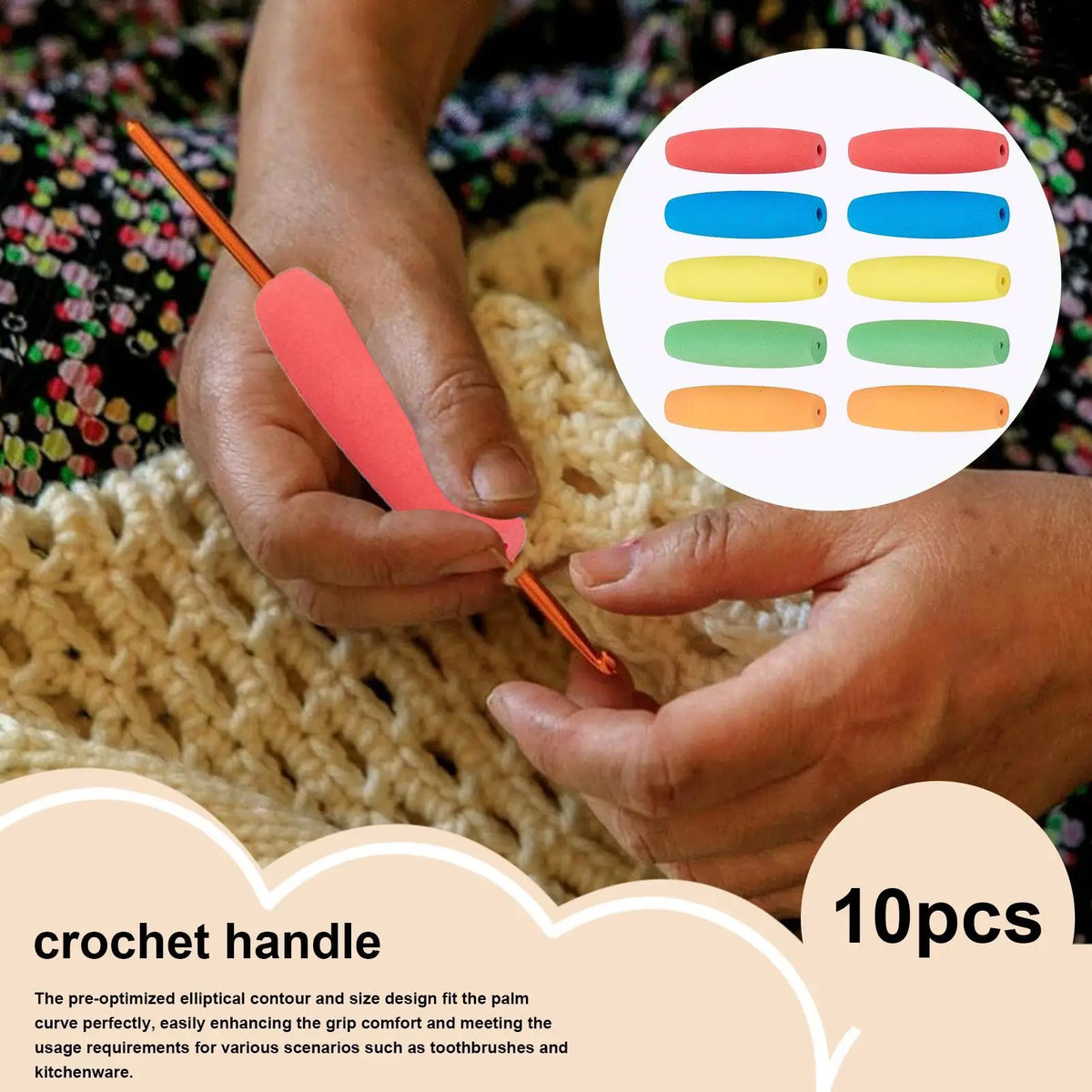 A hand is using a peach-colored crochet handle to manipulate colorful foam grip sleeves for tools and utensils.