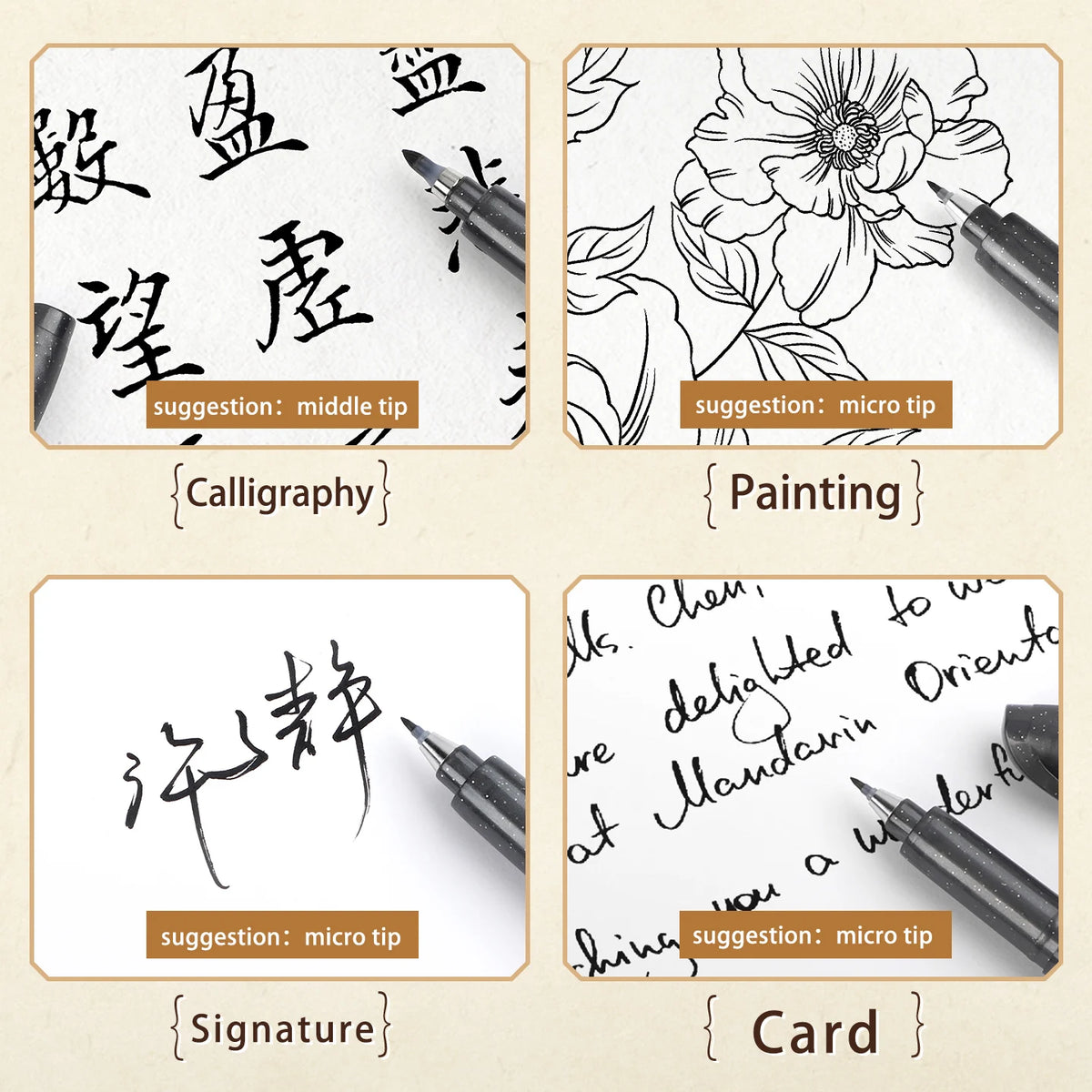 A set of four brush pens for calligraphy, signature, painting, and card writing with various tips.