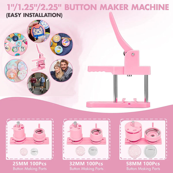 Kit für eine pinke Knopfliefermaschine mit verschiedenen Buttongrößen und Teilen zur einfachen Montage.