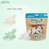 DrBrown's HappyPaci silicone pacifier soother in green, gray, and beige colors shown with packaging.