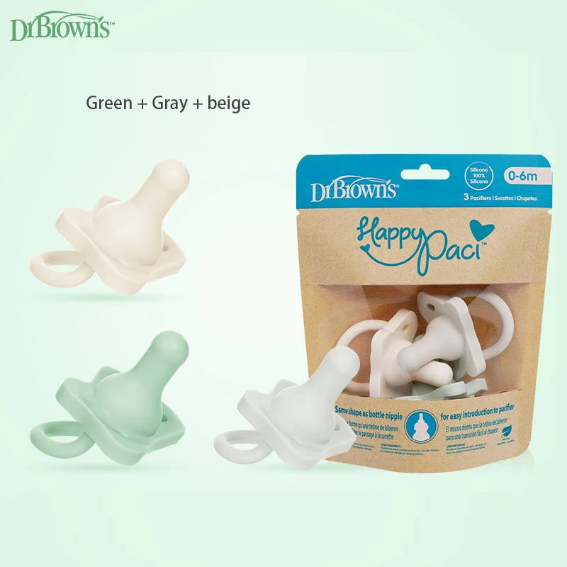 DrBrown's HappyPaci silicone pacifier soother in green, gray, and beige colors shown with packaging.