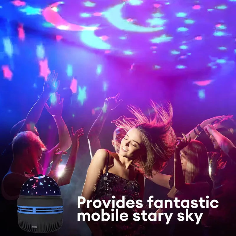 A woman is illuminated by a Galaxy Star Projector Night Light displaying a purple and blue starry sky.