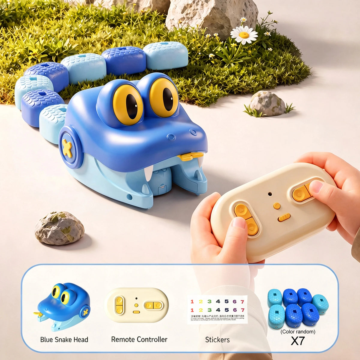 A blue snake head toy is shown next to a remote controller and stickers on a light background.