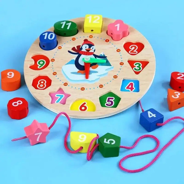 A wooden puzzle clock with numbered pieces and a character, used for early learning.