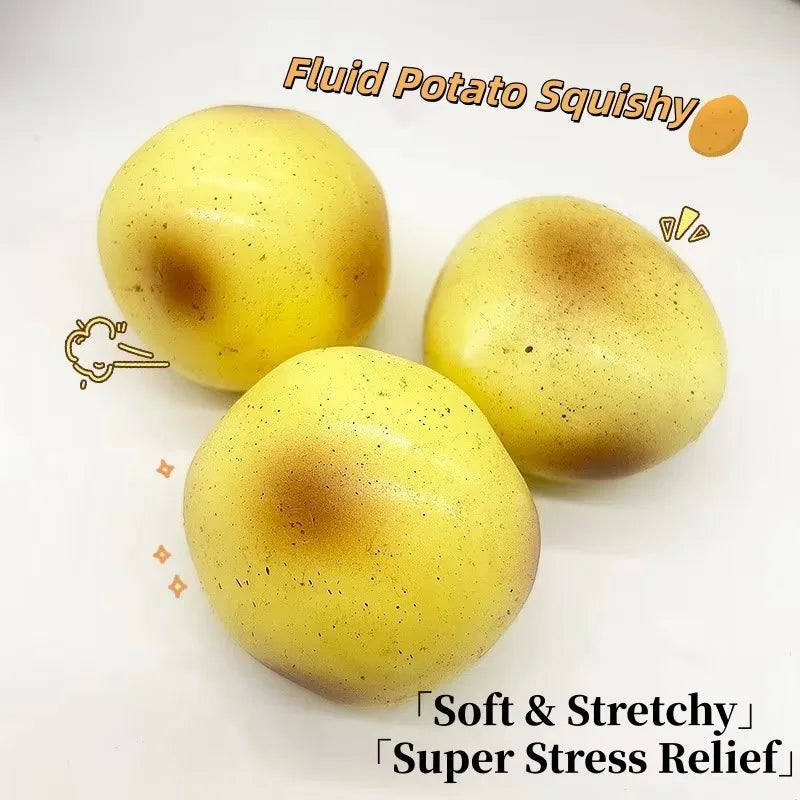 Three yellow liquid potato squishy toys are shown on a white background.