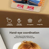 A wooden multi-layer busy board for toddlers showing various developmental activities like hand-eye coordination and life cog