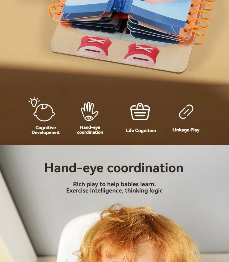 A wooden multi-layer busy board for toddlers showing various developmental activities like hand-eye coordination and life cog