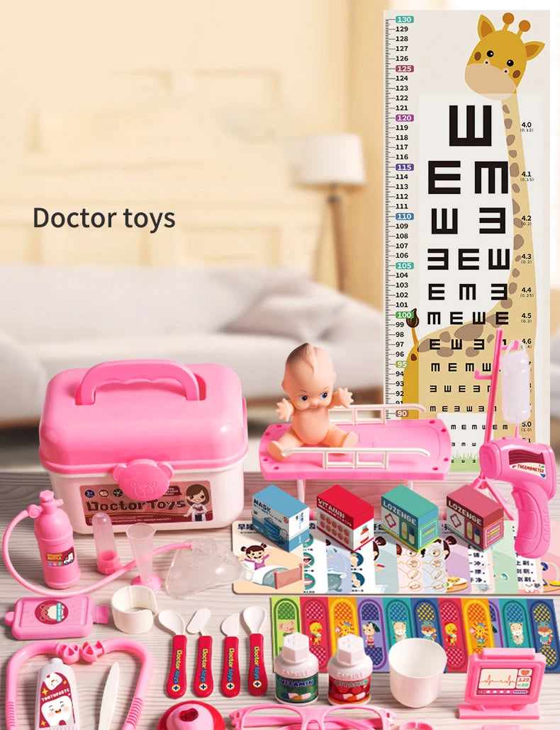 A collection of doctor toys including a pink first aid kit, various medical accessories, and play sets for children.