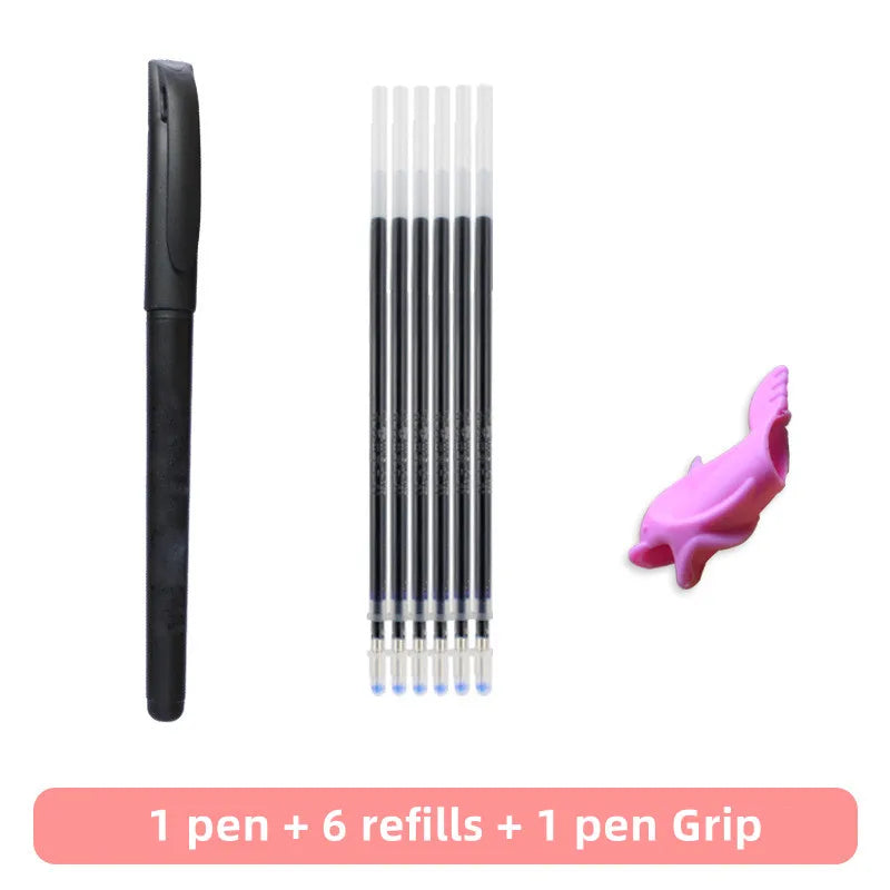 A set of reusable magic copybook pens including one pen, six refills, and one pen grip.