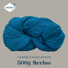 A ball of bright blue Merino wool yarn labeled LIRISNLY
