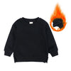 A black kids pullover hoodie with a small orange flame graphic.