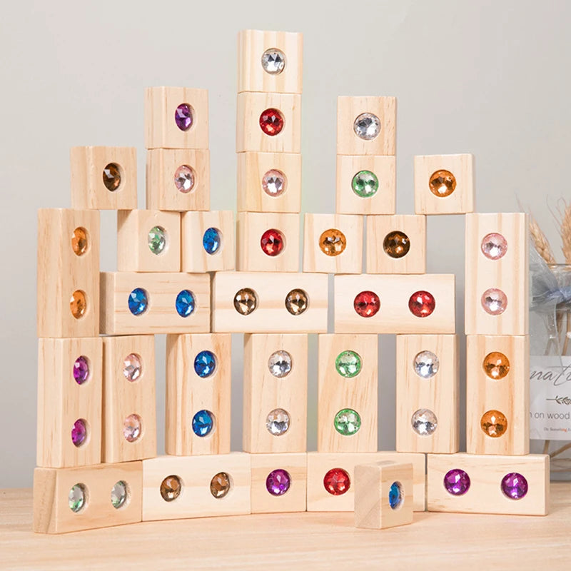 Rainbow Wooden Stacking Blocks with Acrylic Gems