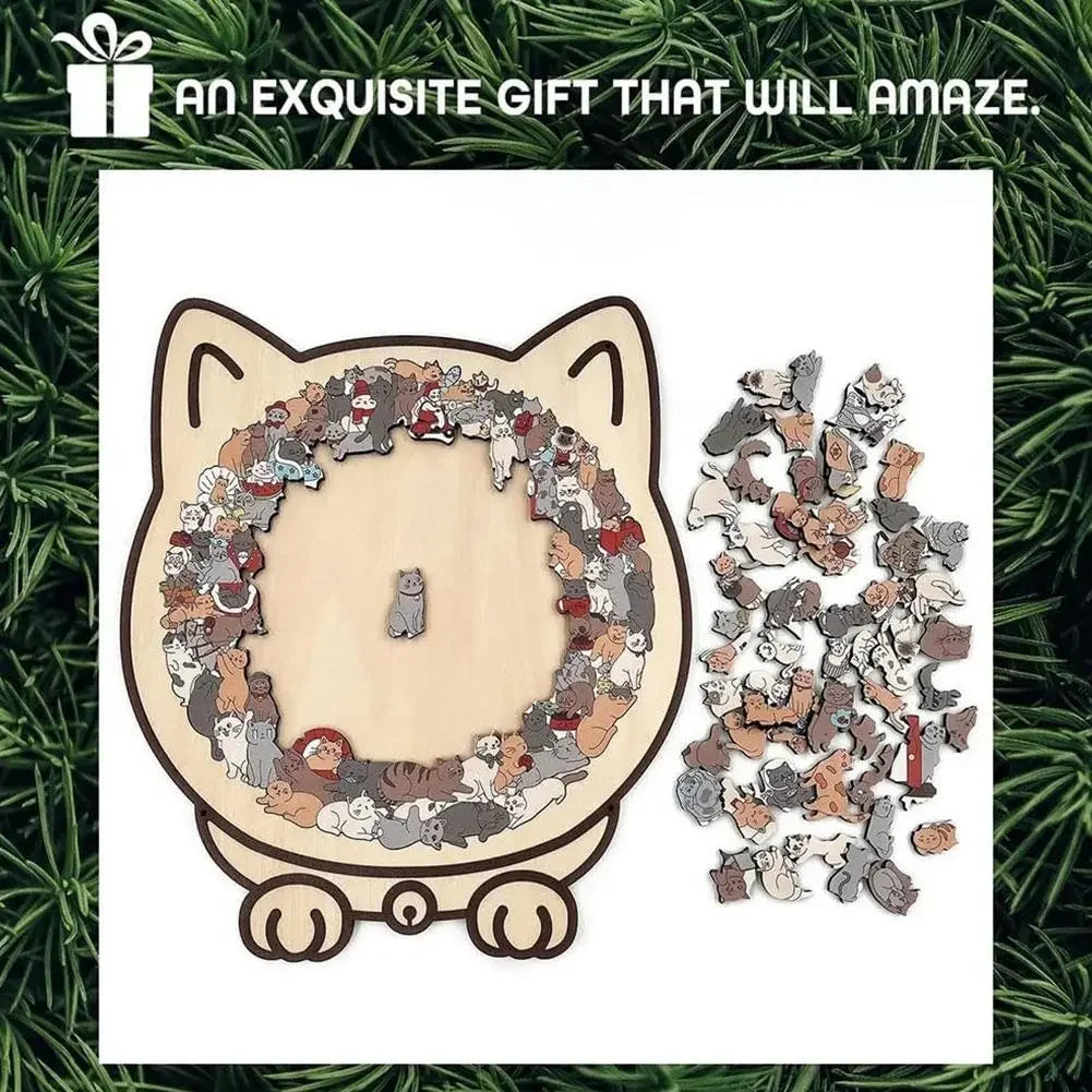 A wooden jigsaw puzzle shaped like a cat, featuring 135 unique pieces.
