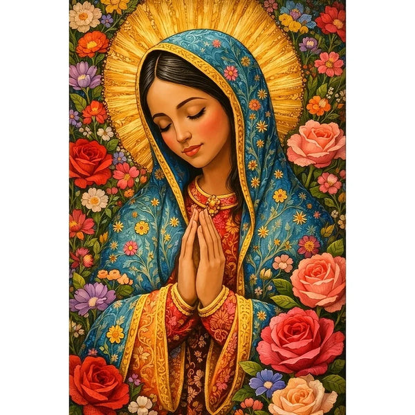 A religious art jigsaw puzzle depicting the Virgin Mary with a golden halo and flowers.